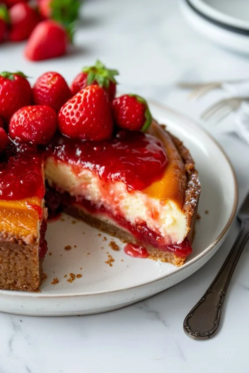 Tarta de queso con mermelada de fresa